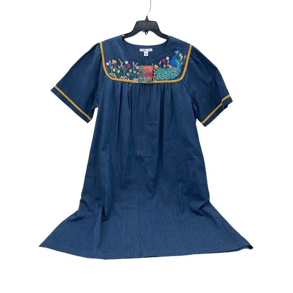 Go Softly Women's Chambray Patio Dress 1X Embroidered Peacock & Floral Mumu NWT - Picture 1 of 10
